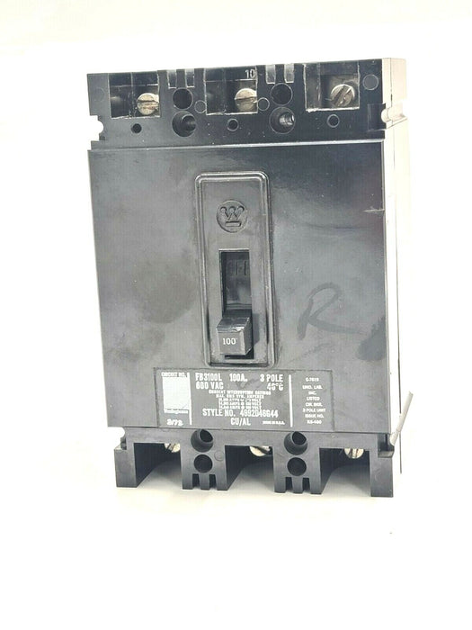 WESTINGHOUSE FB3100L CIRCUIT BREAKER 100A 600VAC 3 POLE 4992D46G44