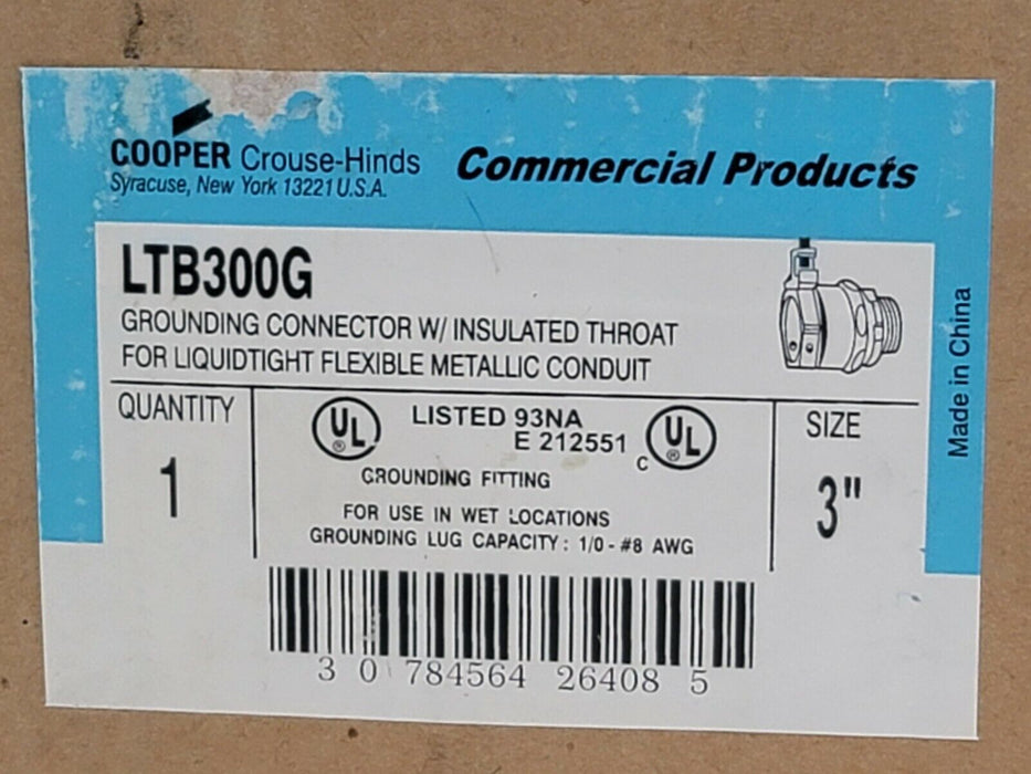 NEW COOPER CROUSE HINDS LTB300G 3'' GROUNDING CONNECTOR W/ INSULATED THROAT