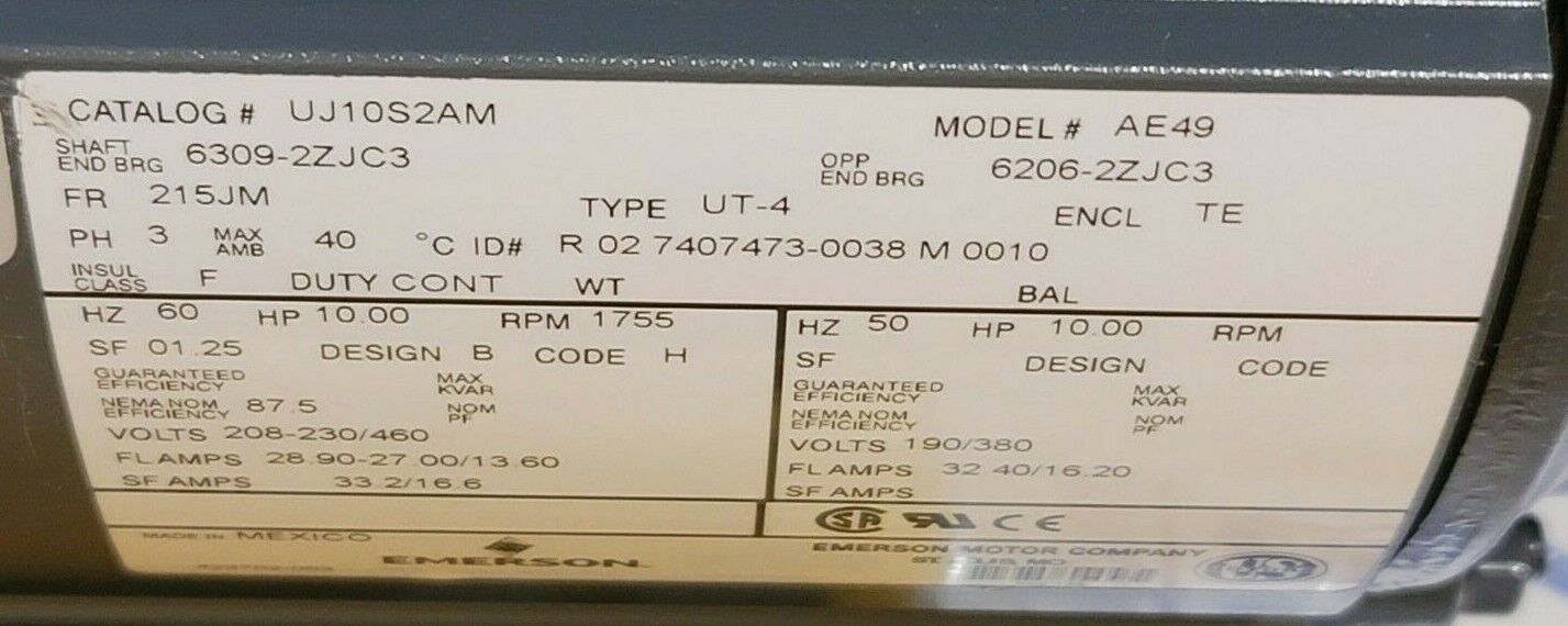 NIB US MOTORS UJ10S2AM MOTOR 10HP, 1755 RPM, TYPE: UT4, 208-230/460 & 190/380V