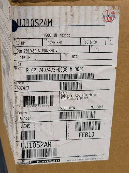 NIB US MOTORS UJ10S2AM MOTOR 10HP, 1755 RPM, TYPE: UT4, 208-230/460 & 190/380V