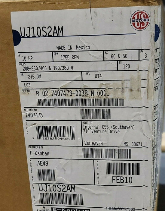 NIB US MOTORS UJ10S2AM MOTOR 10HP, 1755 RPM, TYPE: UT4, 208-230/460 & 190/380V