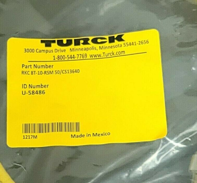 NEW TURCK RKC 8T-10-RSM 50/CS13640 CORDSET ID NO. U-58486