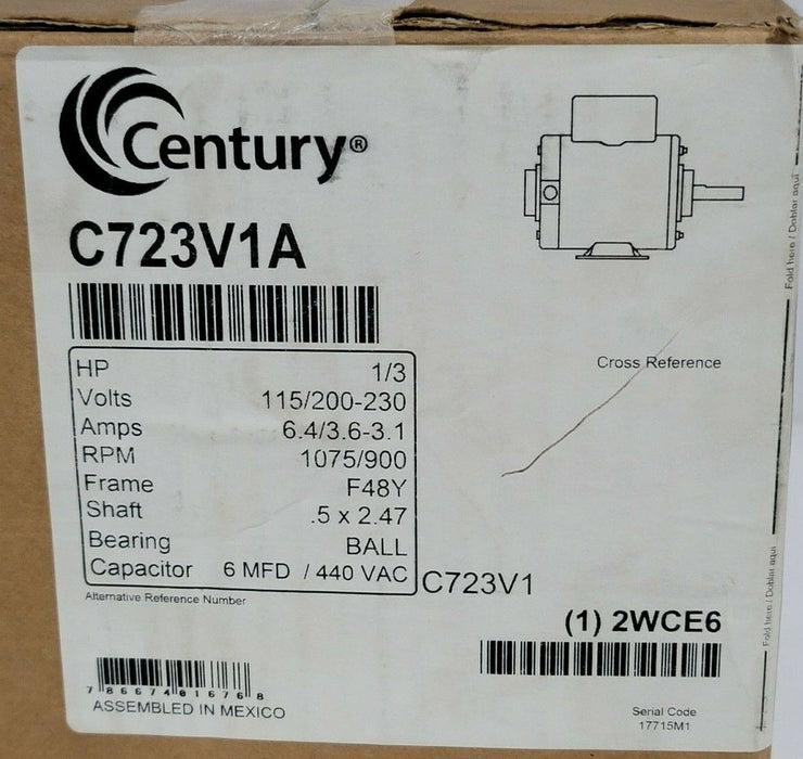 NIB CENTURY C723V1A MOTOR 1/3HP, 115/200-230V, FRAME: F48Y