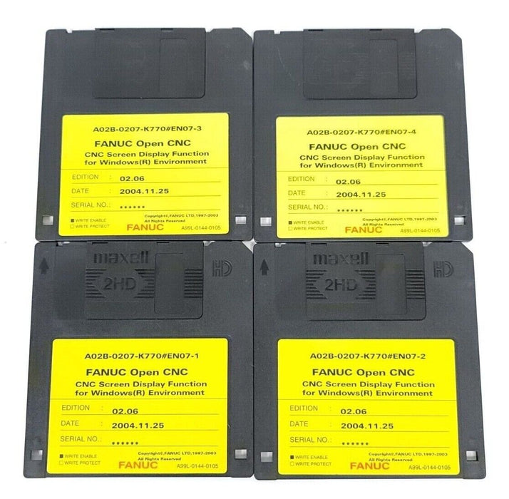 NEW FANUC A02B-0207-K770 OPEN CNC FLOPPY DISK SET EN07-1, EN07-2, EN07-3, EN07-4