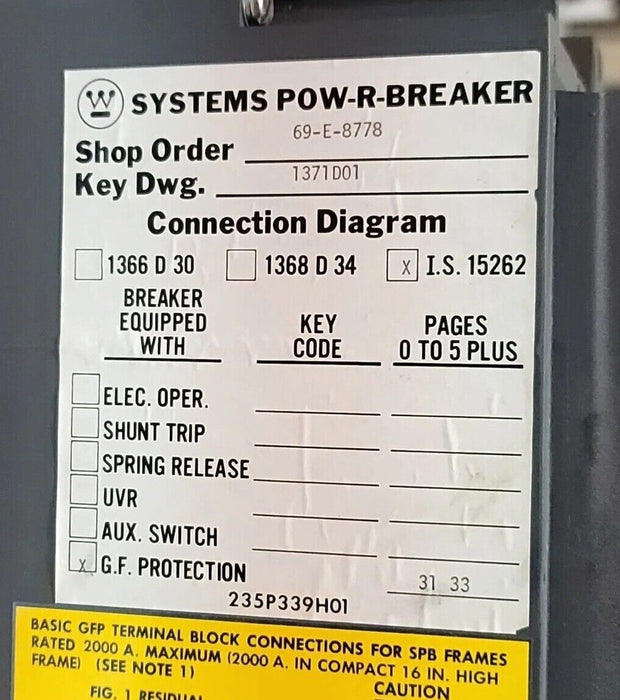 WESTINGHOUSE SPB 50 CIRCUIT BREAKER 800A 69-E-8778 SPB50 229P270H10A