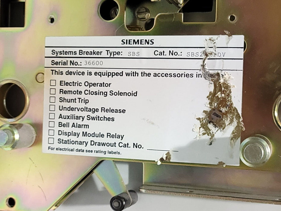 SIEMENS SBS2020DV / SBS2020 DRAWOUT BREAKER SBS-2000 W/2000A TRIP UNIT