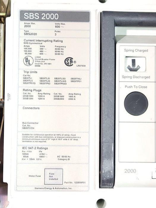 SIEMENS SBS2020DV / SBS2020 DRAWOUT BREAKER SBS-2000 W/2000A TRIP UNIT