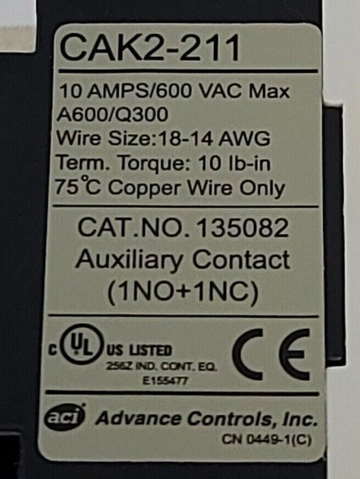 NIB ACI 135082 AUXILIARY CONTACT BLOCK CAK2-211