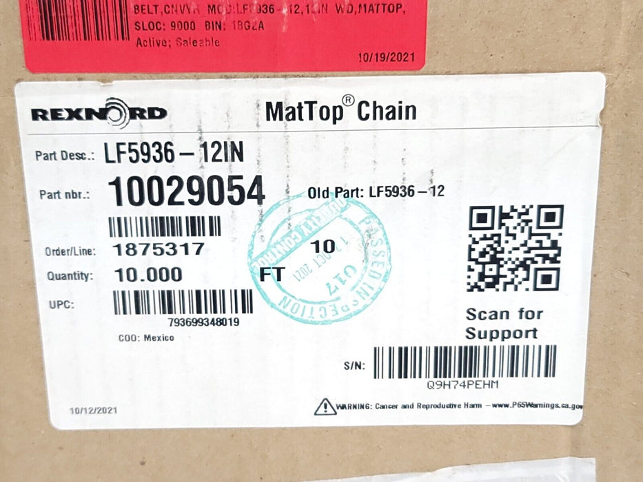 NIB REXNORD LF5936-12IN MATTOP CAIN 10029054 10FT