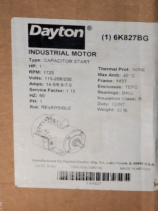 NEW DAYTON 6K827BG INDUSTRIAL MOTOR 1HP 60Hz 1PHASE 6K827