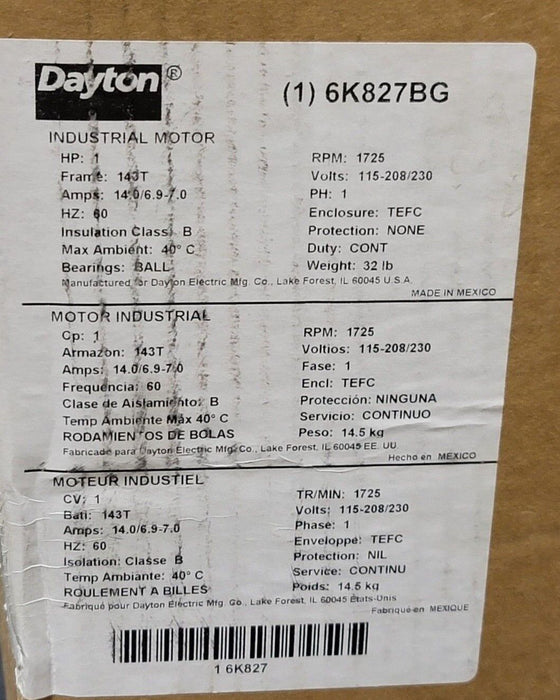 NEW DAYTON 6K827BG INDUSTRIAL MOTOR 1HP 60Hz 1PHASE 6K827