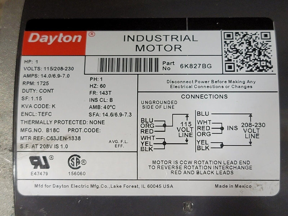 NEW DAYTON 6K827BG INDUSTRIAL MOTOR 1HP 60Hz 1PHASE 6K827