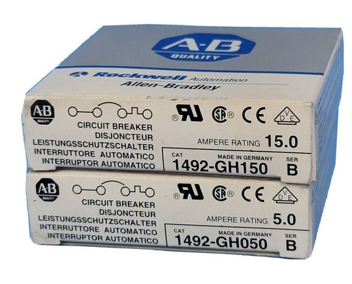 LOT OF 2 NIB ALLEN BRADLEY 1492-GH050, 1492-GH150 MINIATURE CIRCUIT BREAKERS