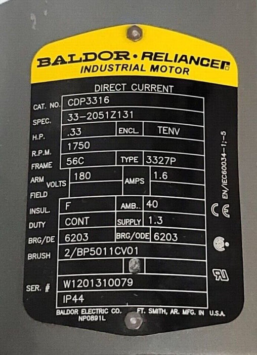 NEW BALDOR RELIANCE ELECTRIC CDP3316 PERMANENT MAGNET MOTOR .33HP 1750RPM