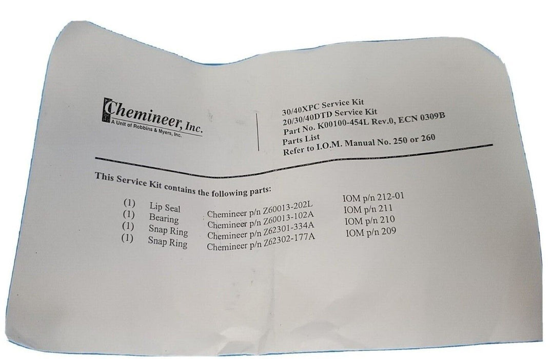 NEW CHEMINEER, INC K00100-454L SERVICE KIT NACHI 6209-2NSE9