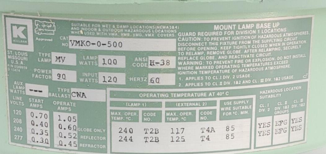 NEW HUBBELL KILLARK VMKO-0-500 / VMKO0500 VM SERIES HID LIGHTING BALLAST TANK