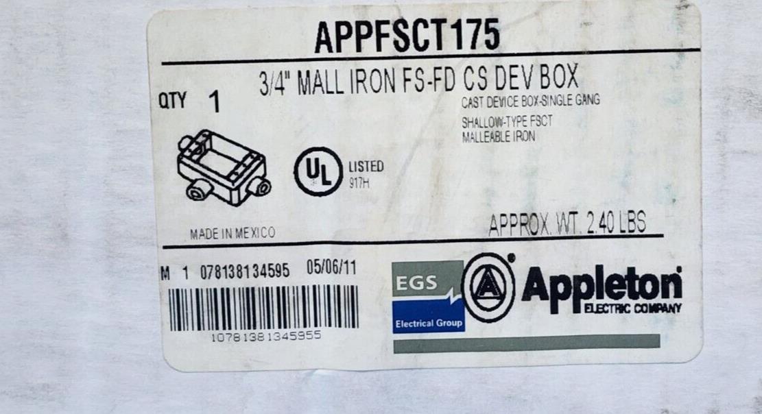 NEW EGS APPLETON APPFSCT175 3/4'' MALLABLE IRON FS-FD CS DEV BOX