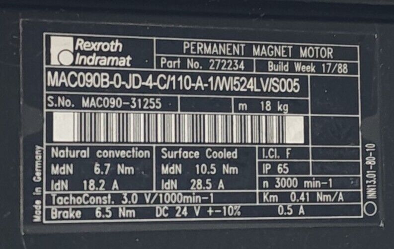 REPAIRED BOSCH INDRAMAT MAC090B-0-JD-4-C/110-A-1/WIS24LV/S005 SERVO MOTOR 272234