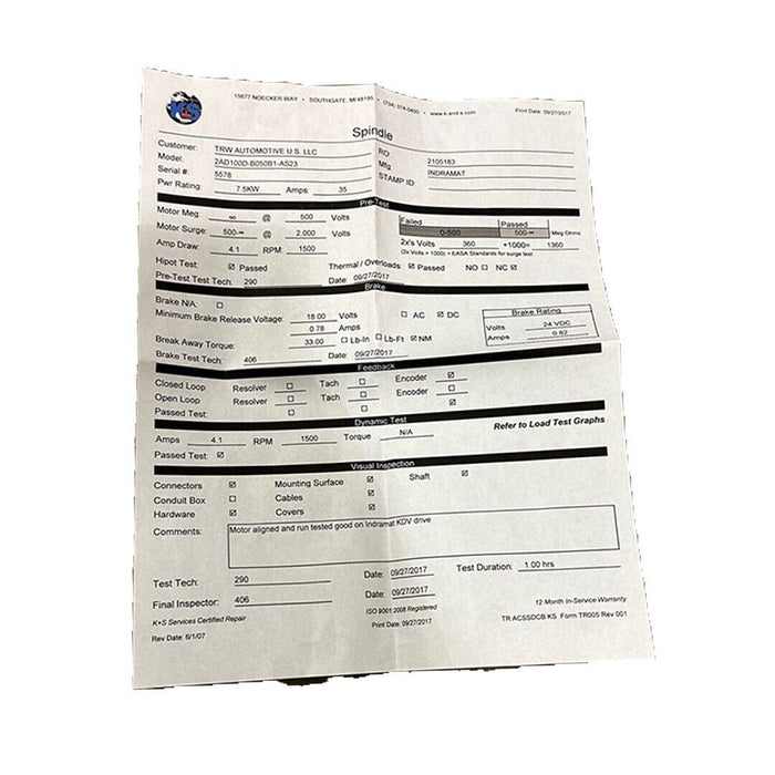 REPAIRED INDRAMAT 2AD100D-B050B1-AS23 / 2AD100DB050B1AS23 MOTOR 7.5kW 387619