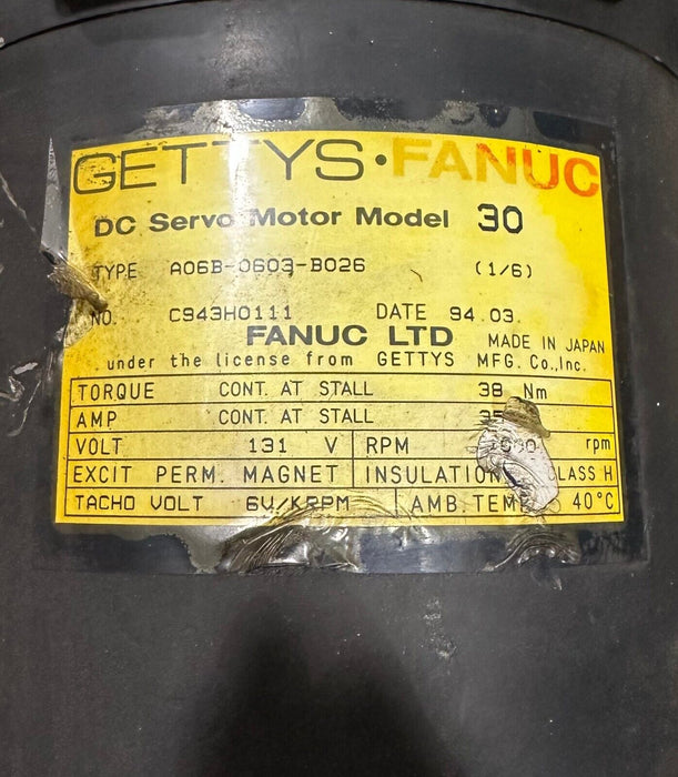 FOR PARTS GETTYS FANUC A06B-0603-B026 / A06B0603B026 DC SERVO MOTOR 38Nm 35A