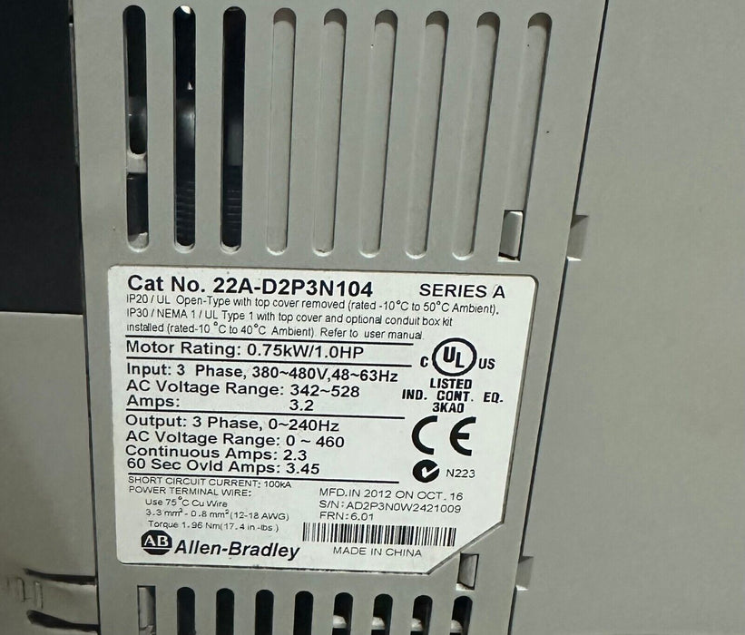ALLEN BRADLEY 22A-D2P3N104 /A POWERFLEX 4 AC DRIVE 0.75kW/1.0HP 22AD2P3N104
