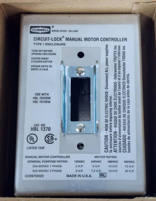 NIB HUBBELL HBL1370 MANUAL MOTOR CONTROLLERS SWITCH ENCLOSURE