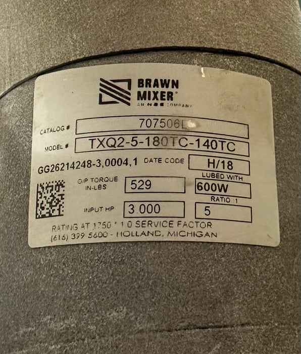 BRAWN MIXER BGMF500 PROCESS MIXER TXQ2-5-180TC-140TC 3HP 707506L 600W 5:1 RATIO