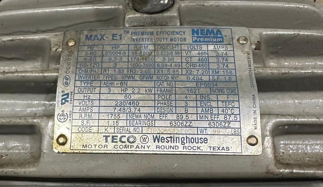 TECO WESTINGHOUSE EP0034 MAX-E1 NEMA PREMIUM MOTOR 2.2kW/3HP 60Hz AEHH-8N