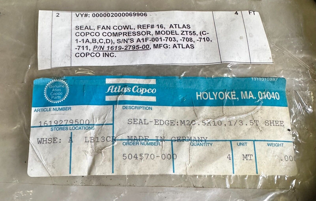 NEW ATLAS COPCO 1619-2795-00 / 1619279500 SEAL-EDGE: M20.5X10,1/3.5T SHEE 5FT