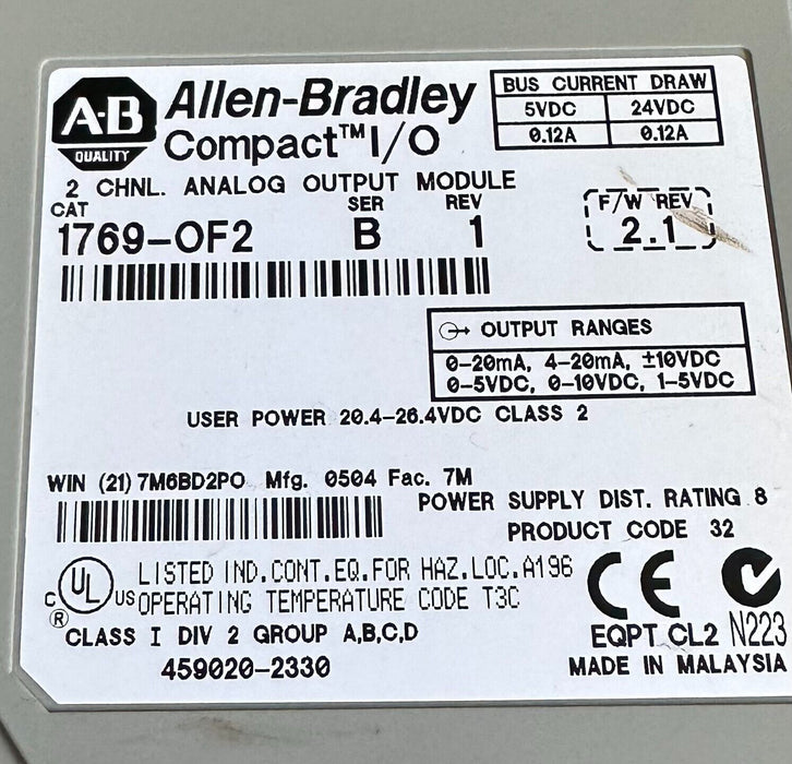 ALLEN BRADLEY 1769-OF2 /B Compact I/O 2CHNL ANALOG OUTPUT MODULE FW. 2.1 1769OF2