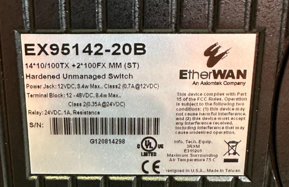 NEW EtherWAN EX95142-20B / EX9514220B HARDENED UNMANAGED SWITCH 16-PORT 10/100TX