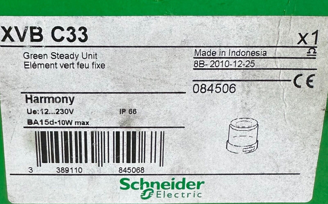 4 NEW SCHNEIDER ELECTRIC XVB-C33 / XVBC33 GREEN STEADY UNIT STACK LIGHT 12-230V