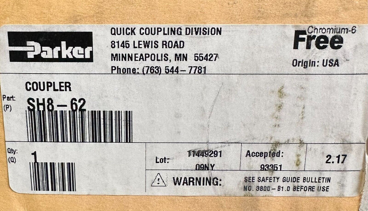 NEW PARKER SH8-62 / SH862 HYDRAULIC HOSE COUPLER SERIES 60 50GPM