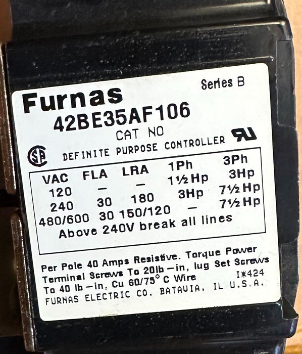 NEW FURNAS 42BE35AF106 SERIES B DEFINITE PURPOSE CONTACTOR CTR 0523 30A 600V