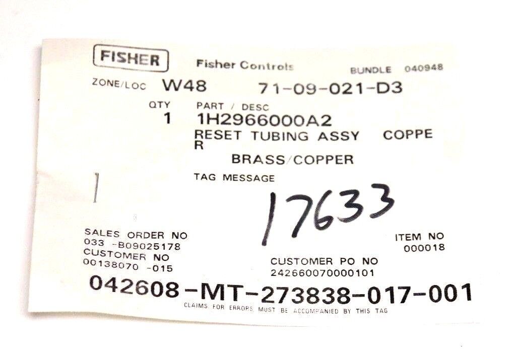 NIB FISHER CONTROLS 1H2966000A2 RESET TUBING ASSEMBLY