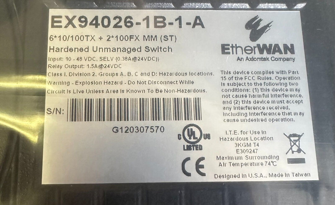 NEW EtherWAN EX94026-1B-1-A / EX940261B1A 8-PORT HARDEDED ETHERNET SWITCH 10-48V