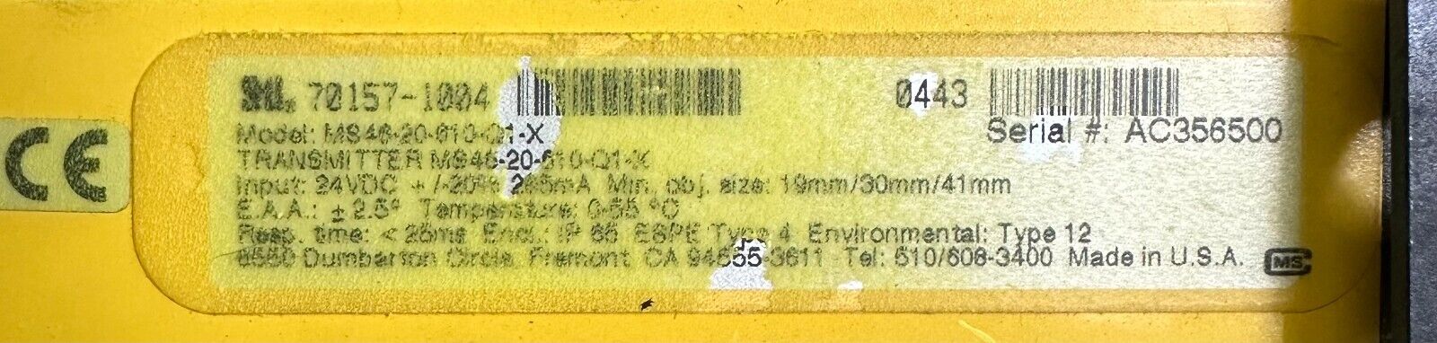 STI 70157-1004 / 70158-1004 24'' LIGHT CURTAIN TRANSMITTER / RECEIVER 4600 MS46