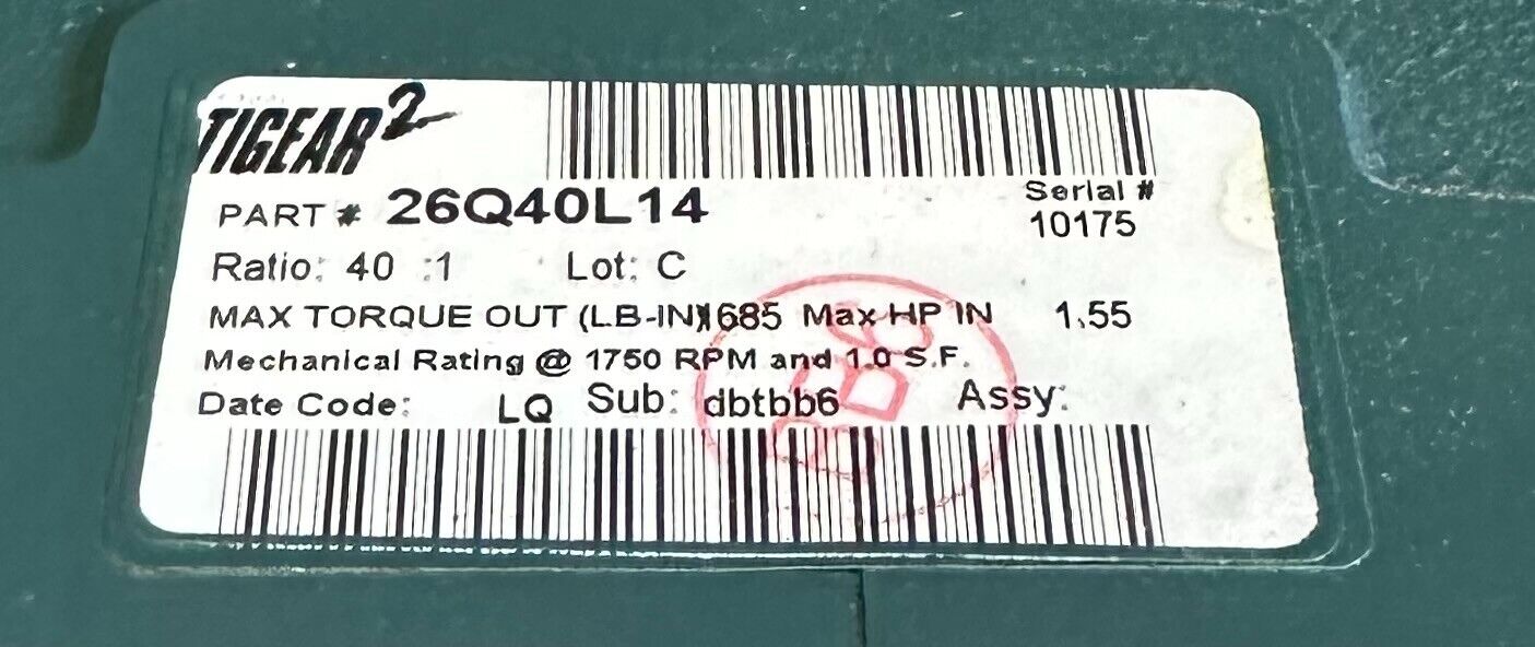 NEW BALDOR DODGE 26Q40L14 TIGEAR-2 GEAR REDUCER 40:1 RATIO 1.55HP 1750RPM