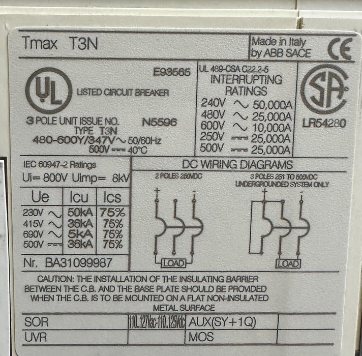 NEW ABB SACE T3N100TWS4 SACE Tmax T3 N 225 / TmaxT3N225 CIRCUIT BREAKER 100A 3-P