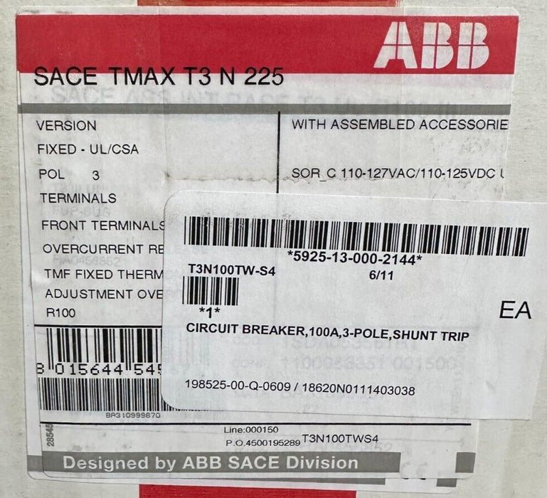 NEW ABB SACE T3N100TWS4 SACE Tmax T3 N 225 / TmaxT3N225 CIRCUIT BREAKER 100A 3-P