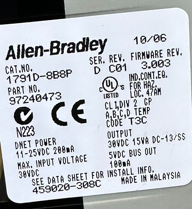 ALLEN BRADLEY 1791D-8B8P /D DeviceNet COMPACT I/O BLOCK 24VDC 8IN/8OUT 1791D8B8P