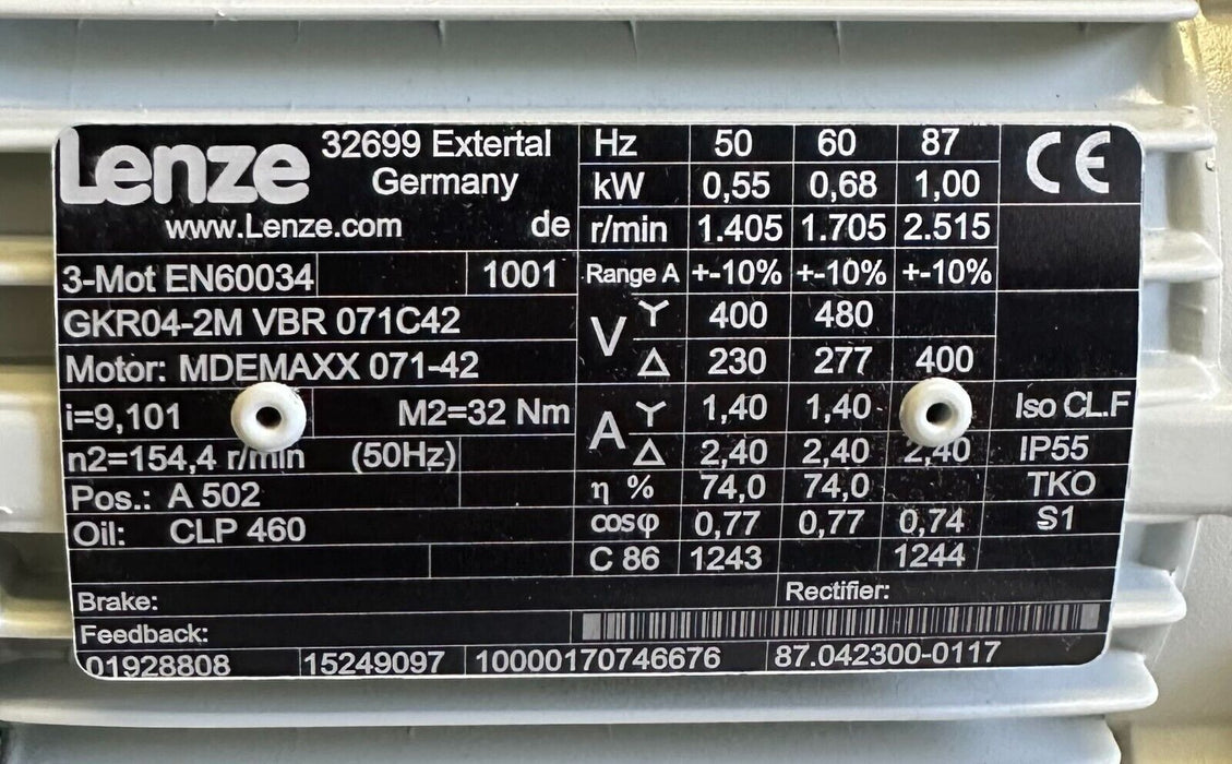 NEW LENZE MDEMAXX071-42 / GKR04-2MVBR071C42 GEAR MOTOR 32Nm 3-PHASE 15249097