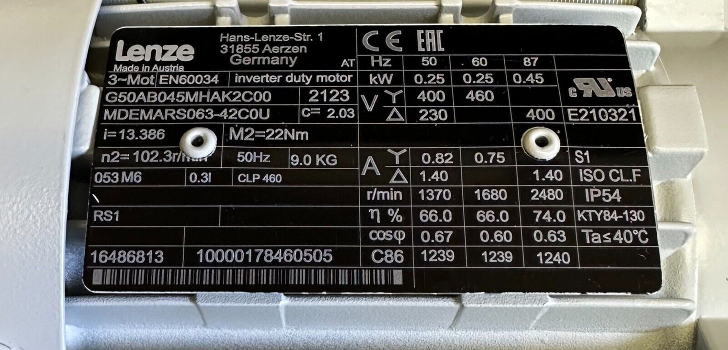 NEW LENZE MDEMARS063-42C0U / G50AB045MHAK2C00 AC GEAR MOTOR 16486813 2123