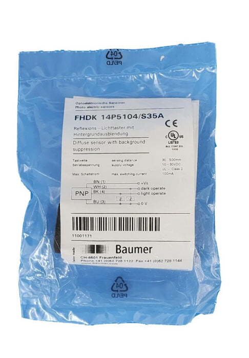 NEW BAUMER ELECTRIC FHDK 14P5104/S35A PHOTOELECTRIC SENSOR 30-500 MM RANGE