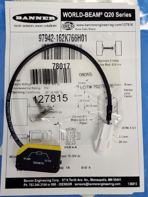 NEW BANNER 97942-162K766H01 PHOTOELECTRIC SENSOR 78017, Q20E-78017