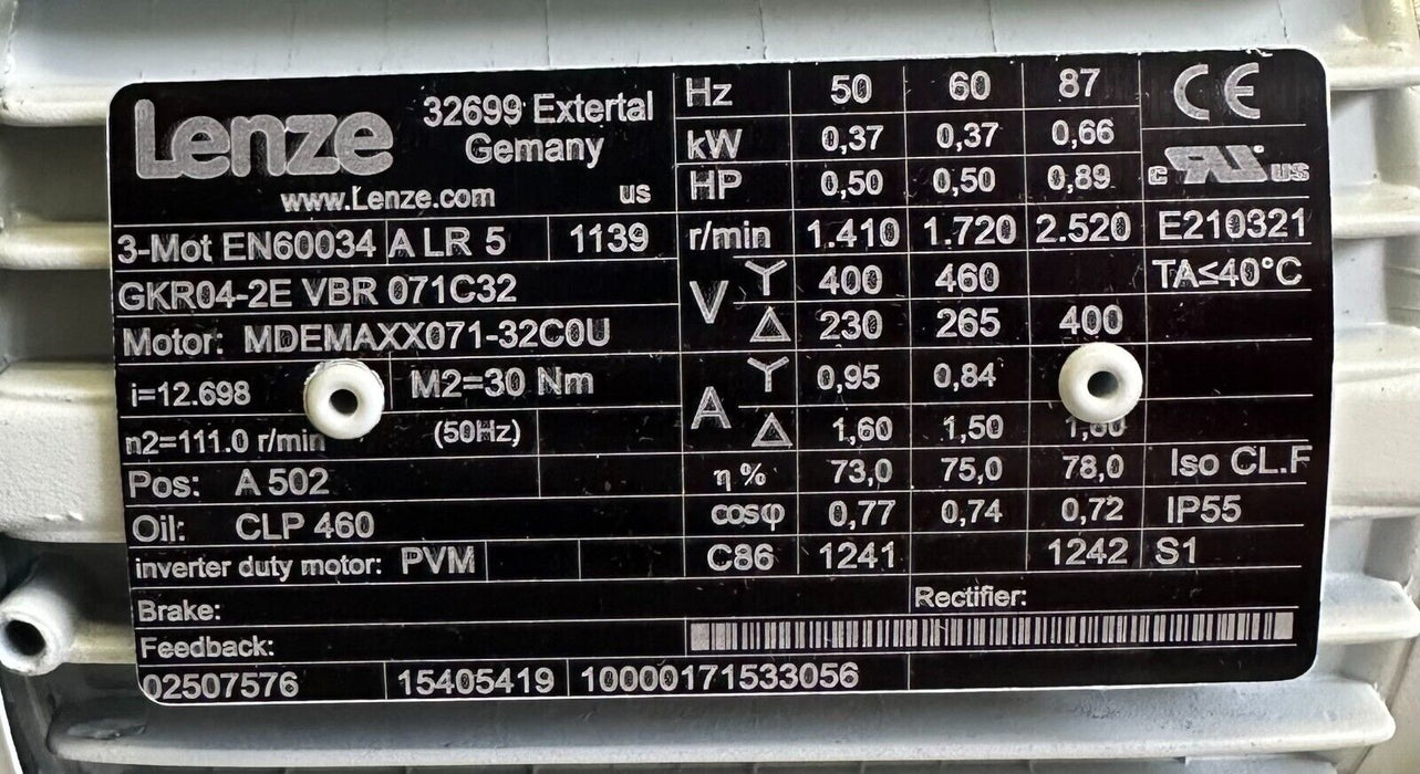 NEW LENZE GKR04-2E VBR071C32 GEAR MOTOR MDEMAXX071-32C0U E82MV371-2B001 INVERTER