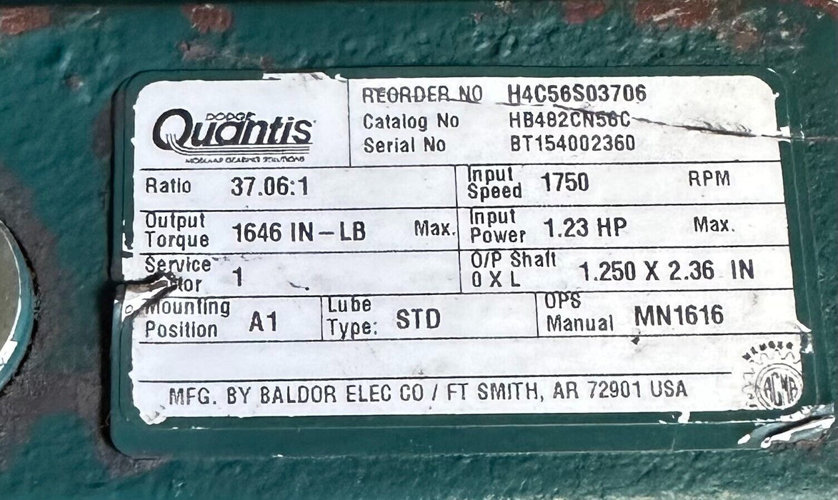 NEW DODGE HB482CN56C / H4C56S03707 Quantis IN-LINE REDUCER 37.06:1 RATIO 1750RPM