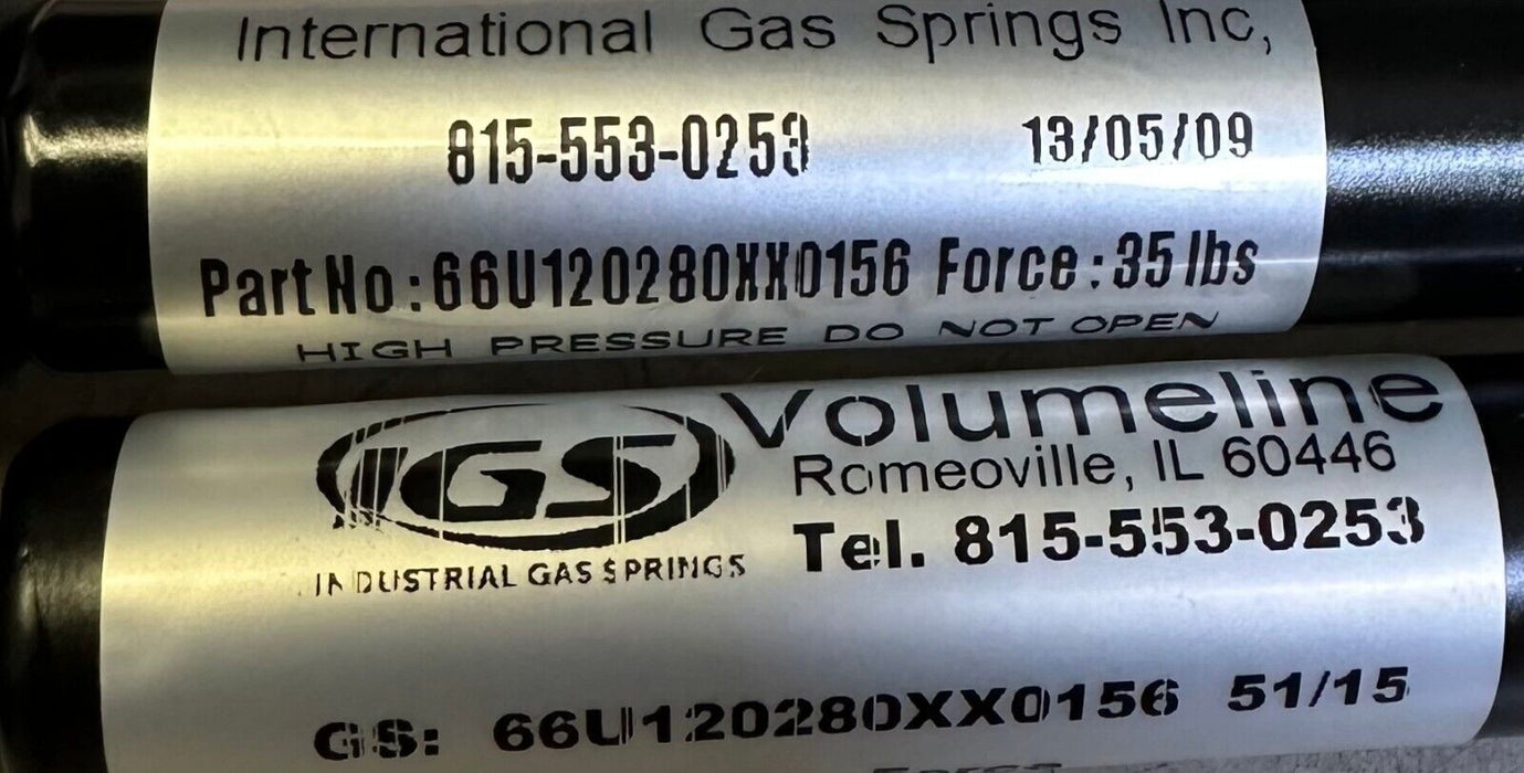 2 NEW IGS VOLUMELINE 66U120280XX0156 GAS SPRING W/ END FITTINGS 35LBS FORCE