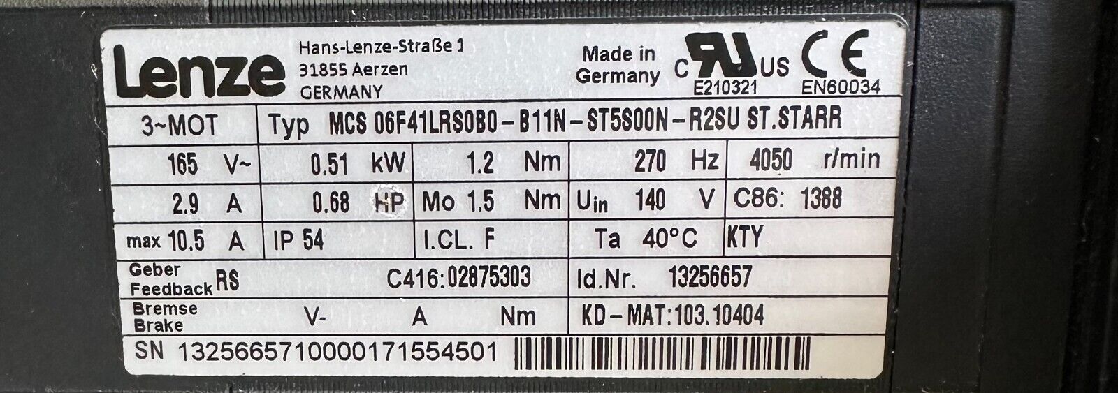 NEW LENZE MCS 06F41LRS0B0-B11N-ST5S00N-R2SU SERVO MOTOR .51kW/.68HP 13256657