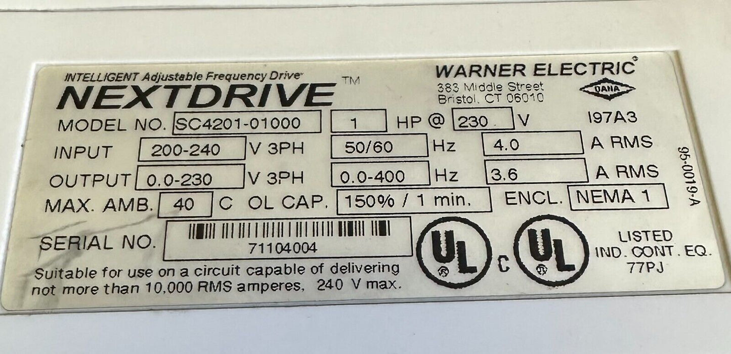 WARNER ELECTRIC SC4201-01000 / SC420101000 NEXTDRIVE FREQUENCY DRIVE 1HP 230V